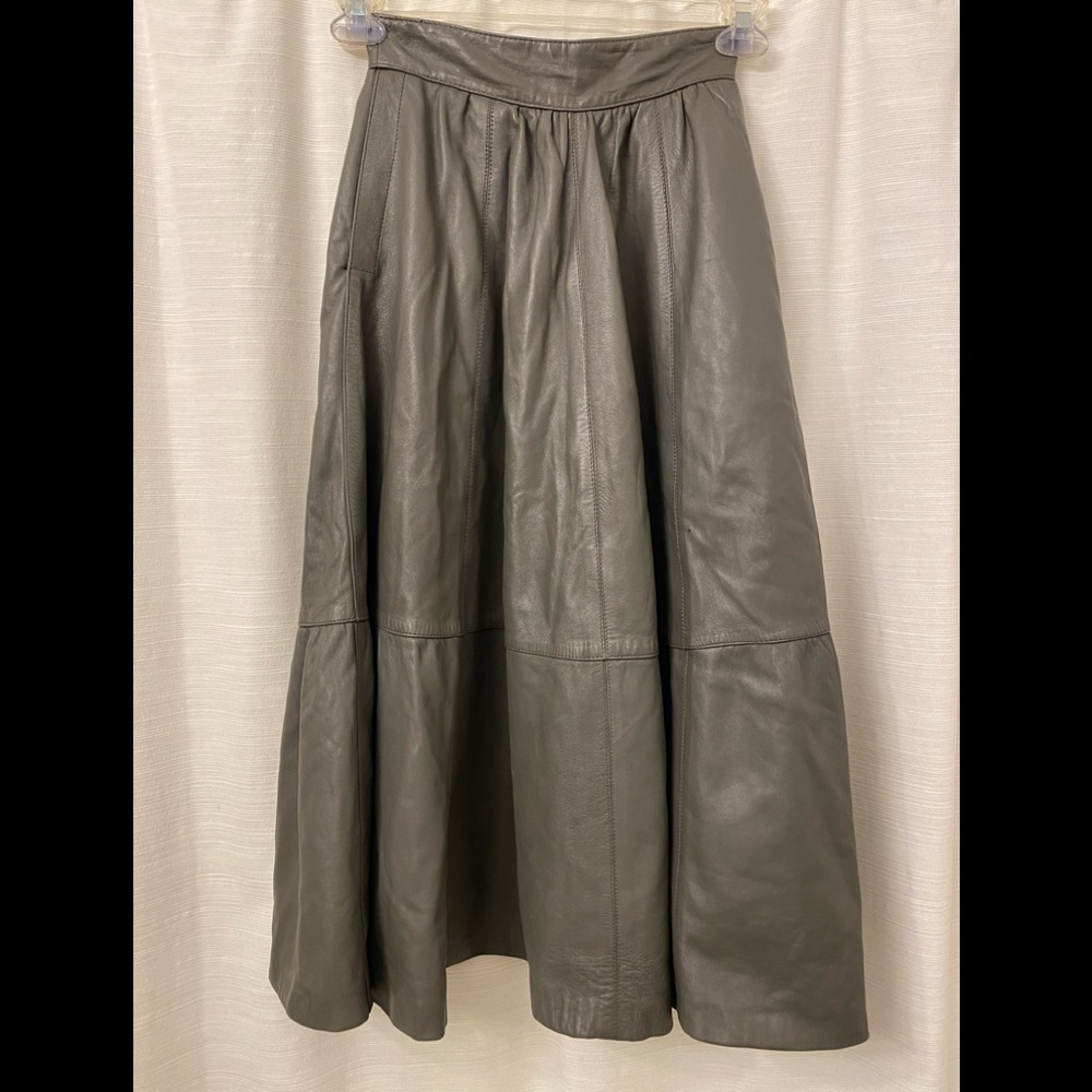 Vintage Gray Genuine Leather Full Midi Skirt